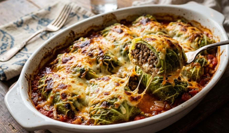 Cheesy Ground Beef Stuffed Cabbage