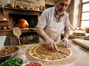 Turkish baker preparing Lahmacun
